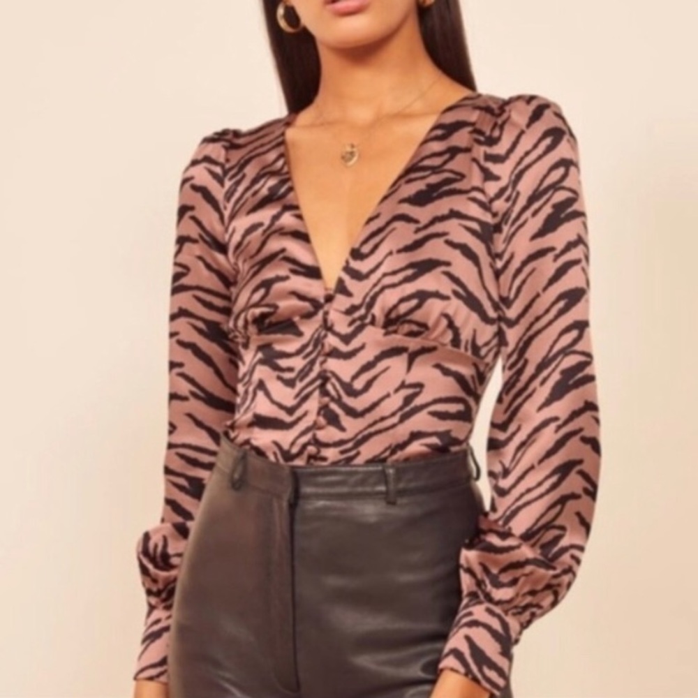 Reformation Zebra Print Blouse in Pink and Black